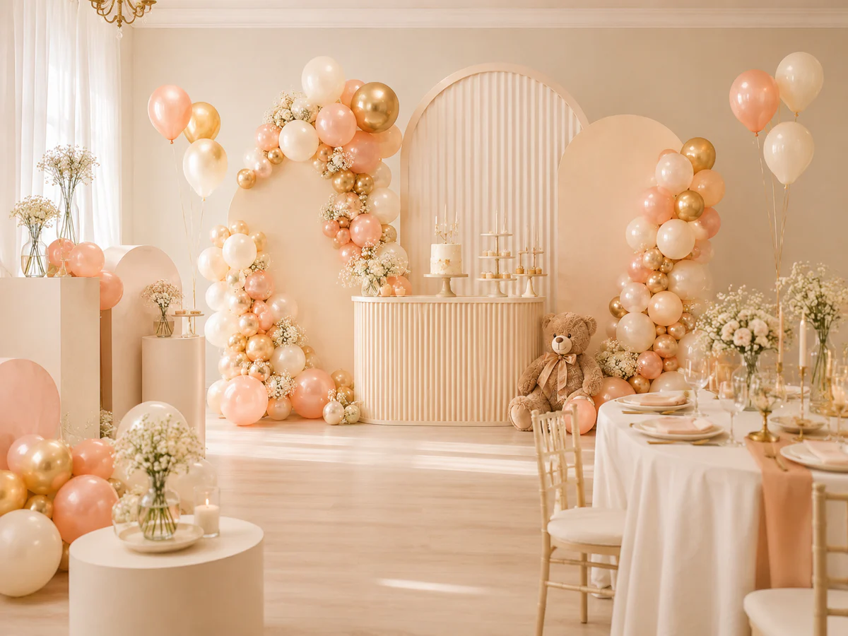 Decor complet GingyEvents cu arcade, coloane, mese și fundal