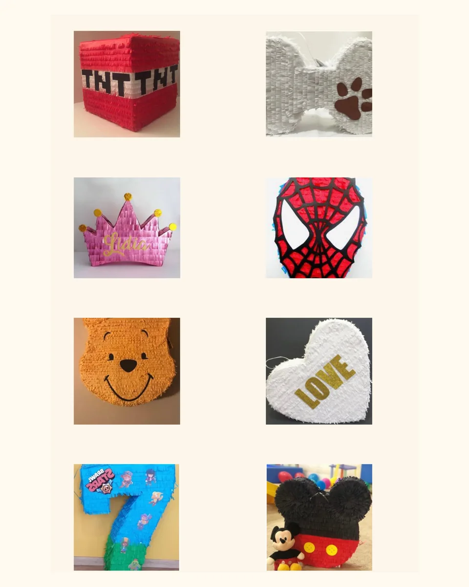 Exemple de piñate 2D personalizate în forme și tematici diferite